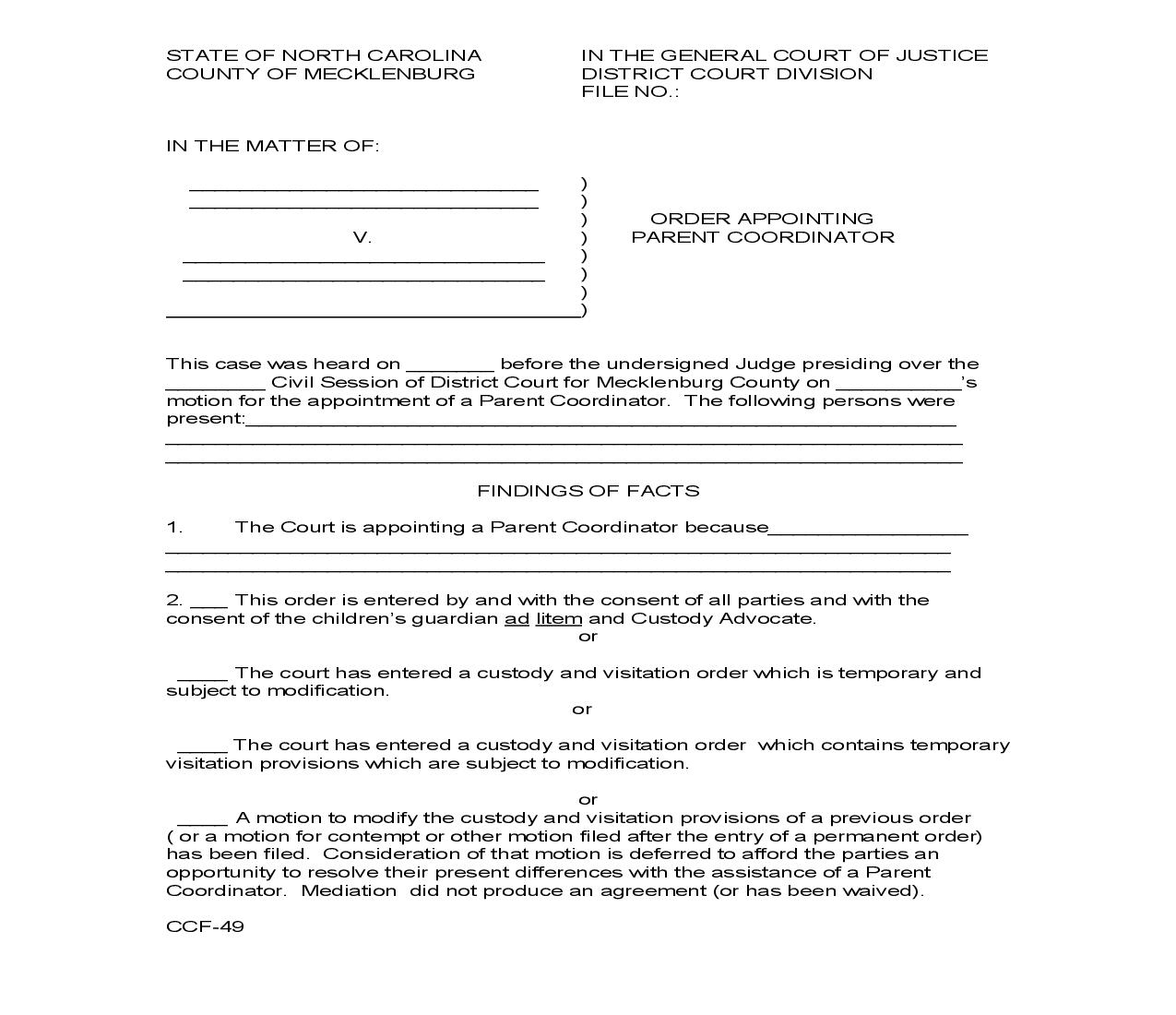 Order Appointing Parent Coordinator {CCF-49} | Pdf Fpdf Doc Docx | North Carolina