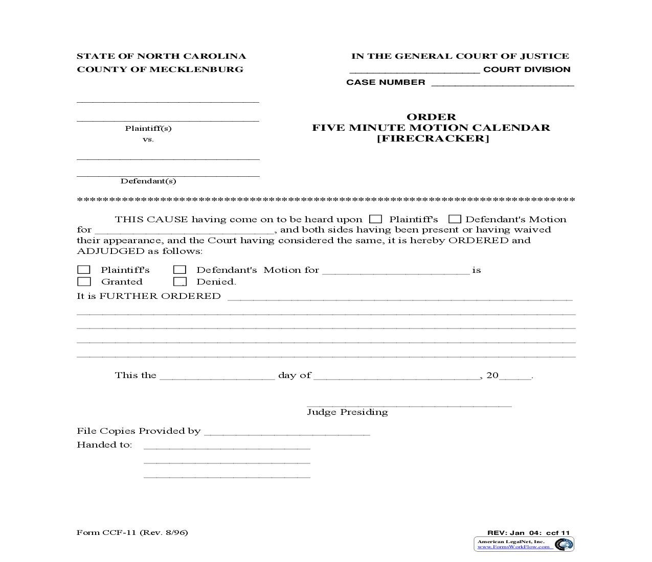 Order Five Minute Motion Calendar Firecracker {CCF-11} | Pdf Fpdf Doc Docx | North Carolina