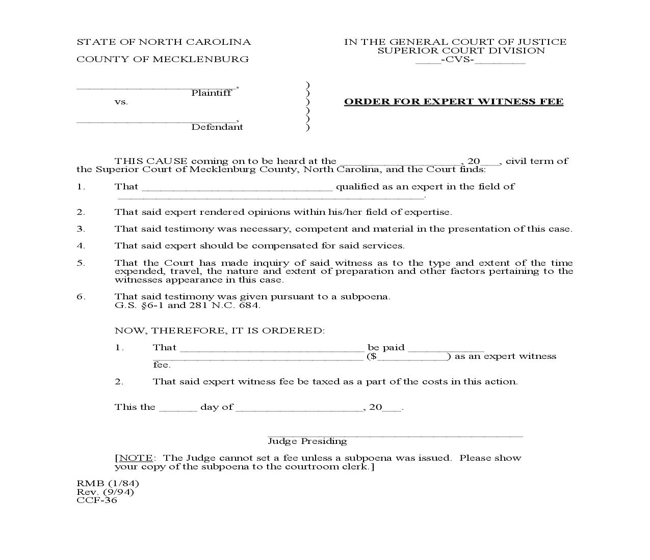 Order For Expert Witness Fee {CCF-36} | Pdf Fpdf Doc Docx | North Carolina