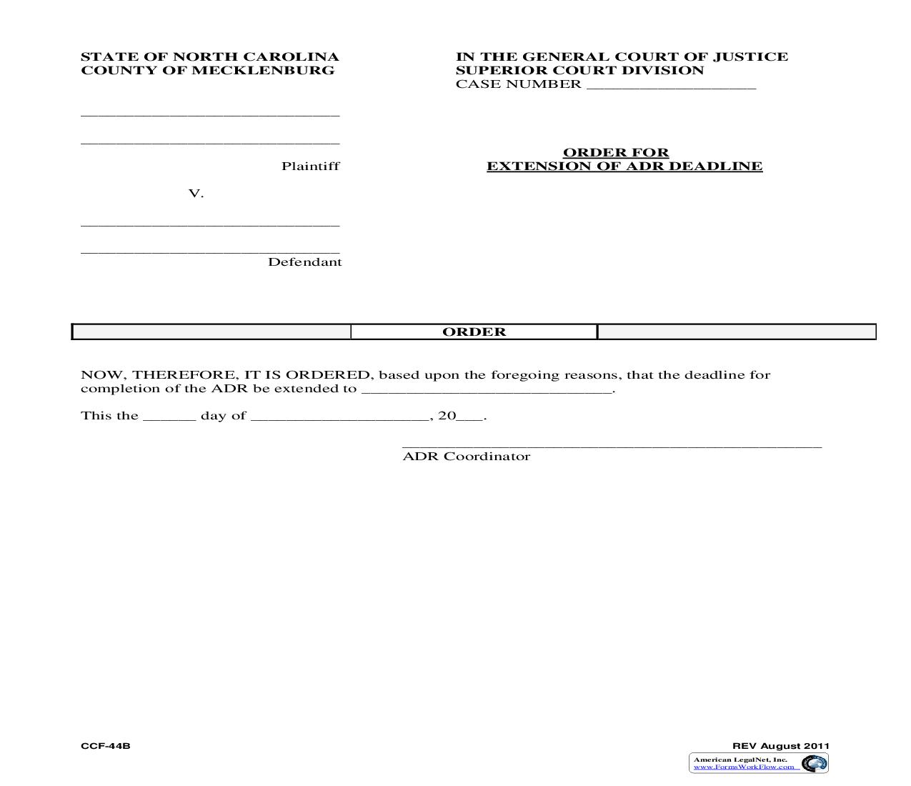 Order For Extension Of ADR Deadline {CCF-44B} | Pdf Fpdf Doc Docx | North Carolina