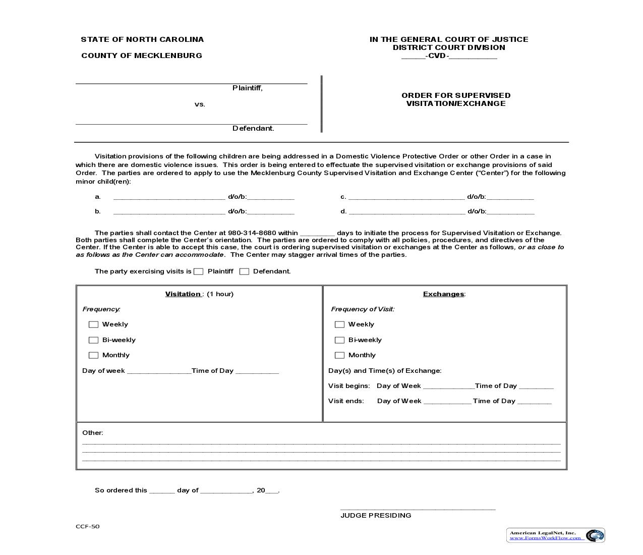 Order For Supervised Visitation Exchange {CCF-50} | Pdf Fpdf Doc Docx | North Carolina