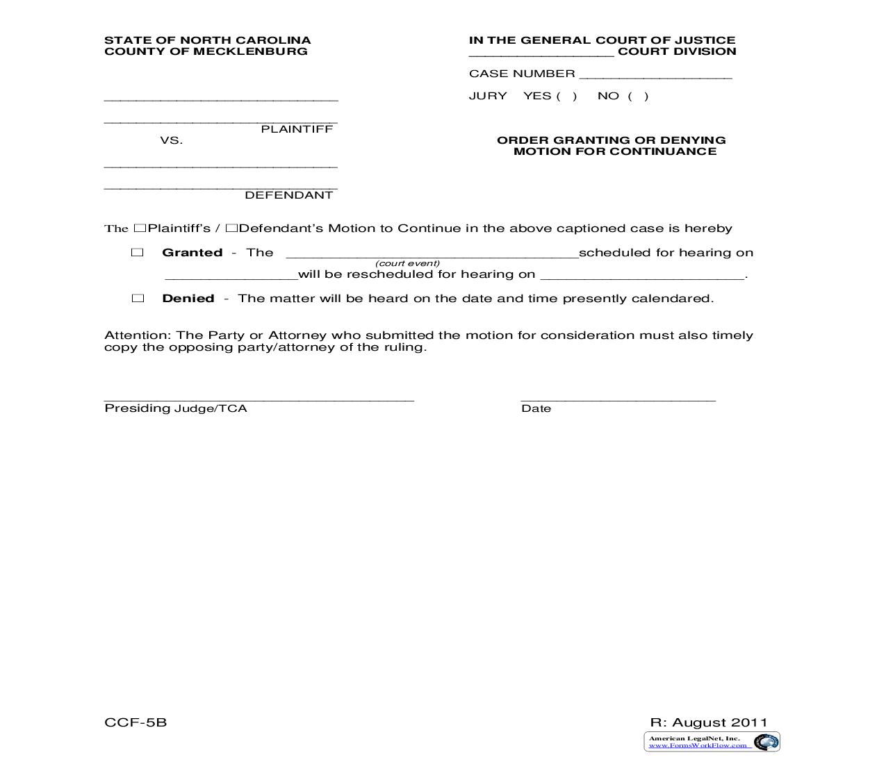 Order Granting Or Denying Motion For Continuance {CCF-5B} | Pdf Fpdf Doc Docx | North Carolina
