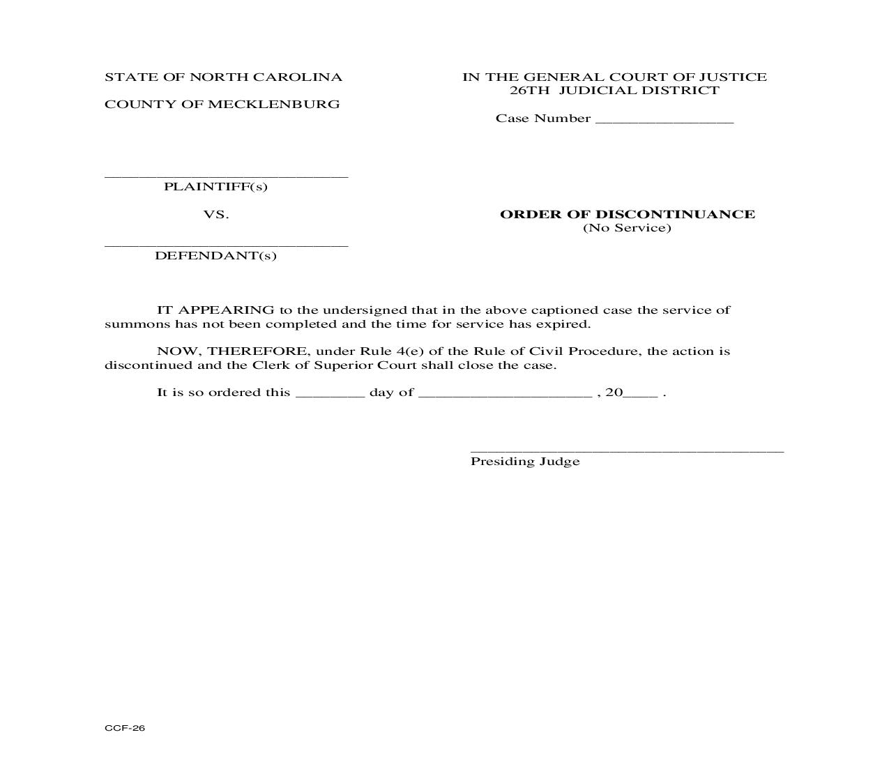 Order Of Discontinuance No Service {CCF-26} | Pdf Fpdf Doc Docx | North Carolina