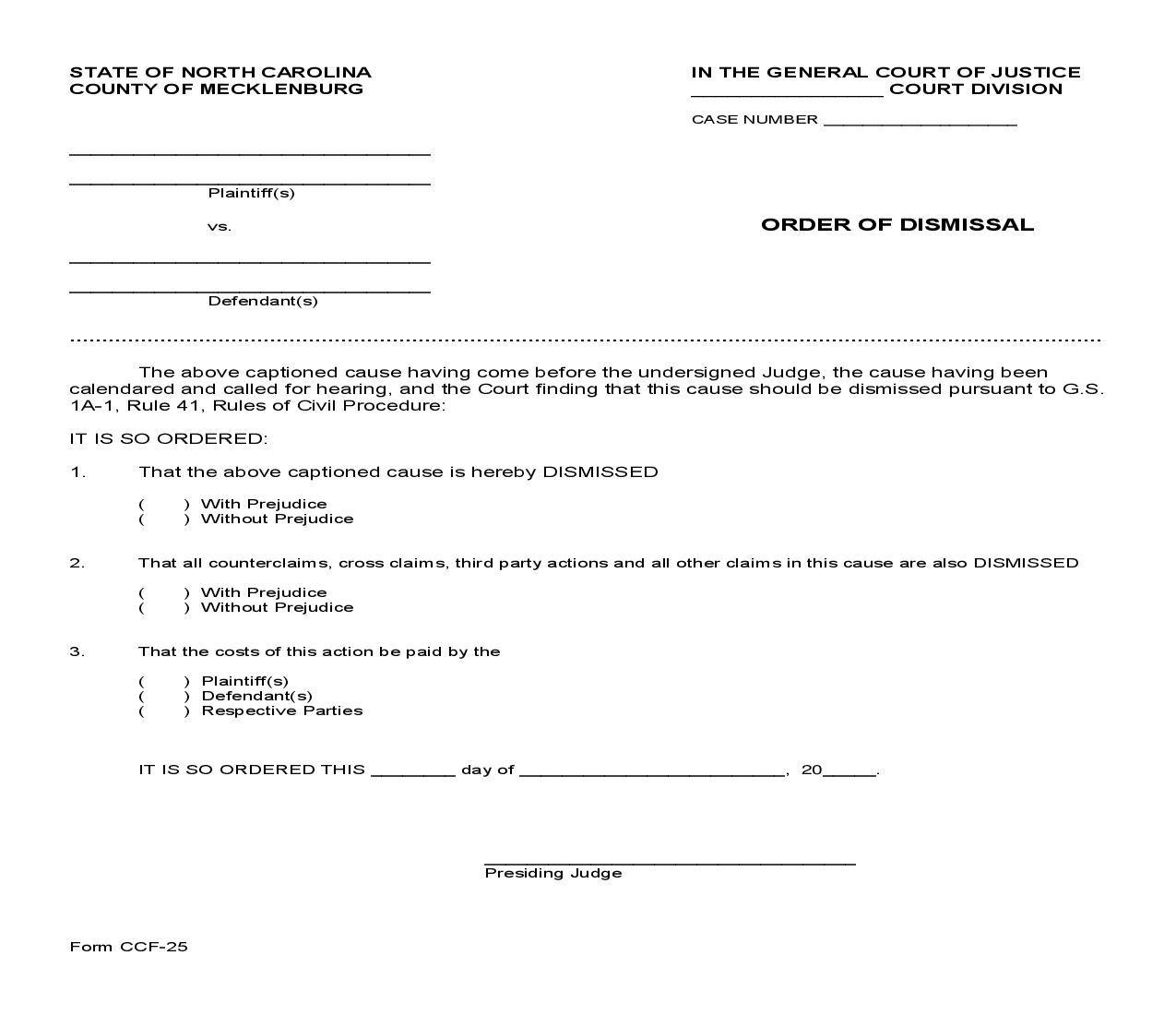 Order Of Dismissal {CCF-25} | Pdf Fpdf Doc Docx | North Carolina