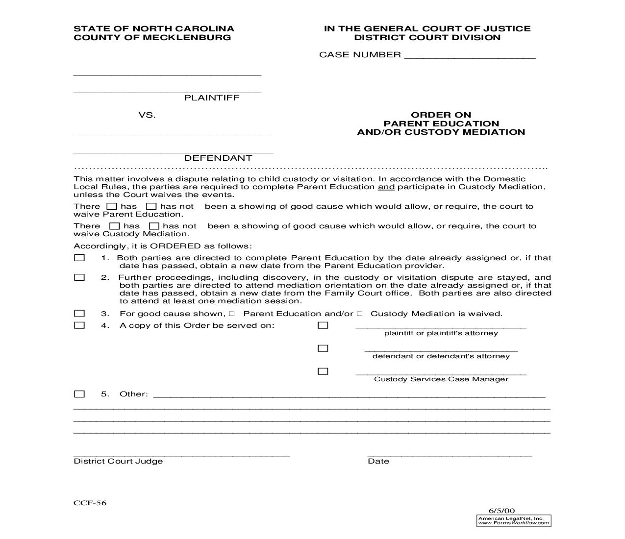 Order On Parent Education And Or Custody Mediation {CCF-56} | Pdf Fpdf Doc Docx | North Carolina