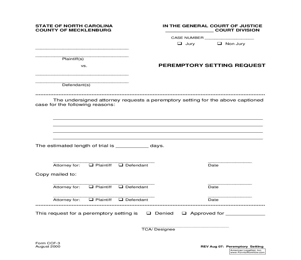 Peremptory Setting Request {CCF-3} | Pdf Fpdf Doc Docx | North Carolina