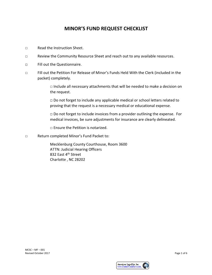 Petition For Release Of Minors Funds {MCSC-MF-001} | Pdf Fpdf Docx | North Carolina