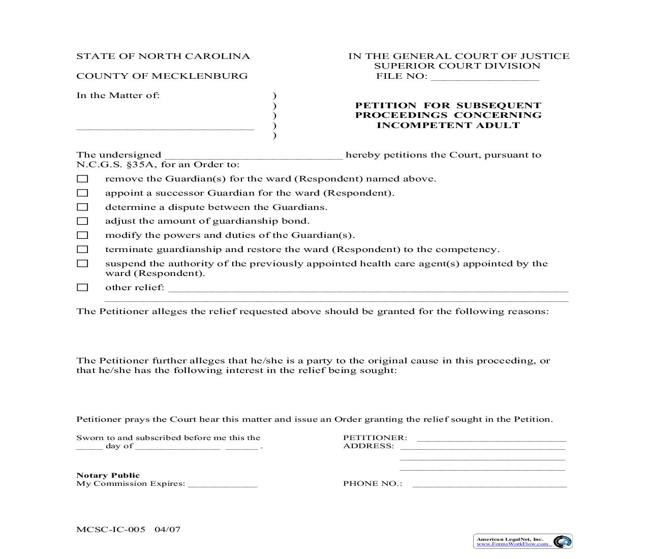 Petition For Subsequent Proceedings Concerning Incompetent Adult {MCSC-IC-005} | Pdf Fpdf Doc Docx | North Carolina