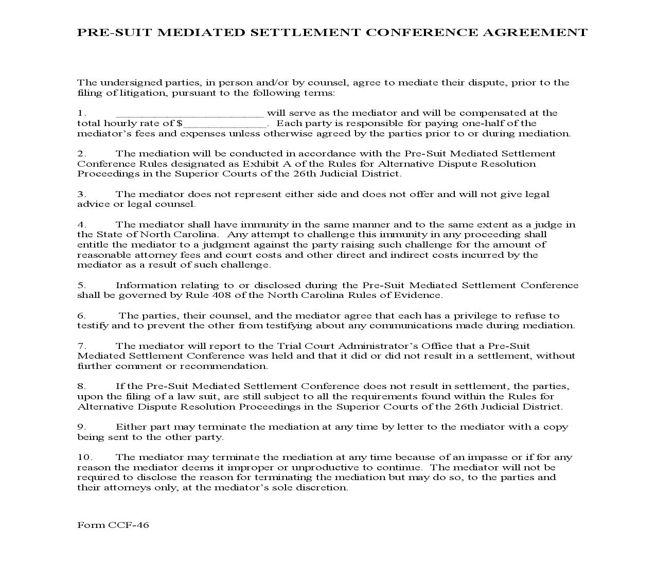 Pre Suit Mediated Settlement Conference Agreement {CCF-46} | Pdf Fpdf Doc Docx | North Carolina