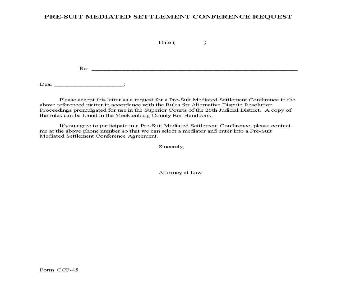 Pre Suit Mediated Settlement Conference Request {CCF-45} | Pdf Fpdf Doc Docx | North Carolina