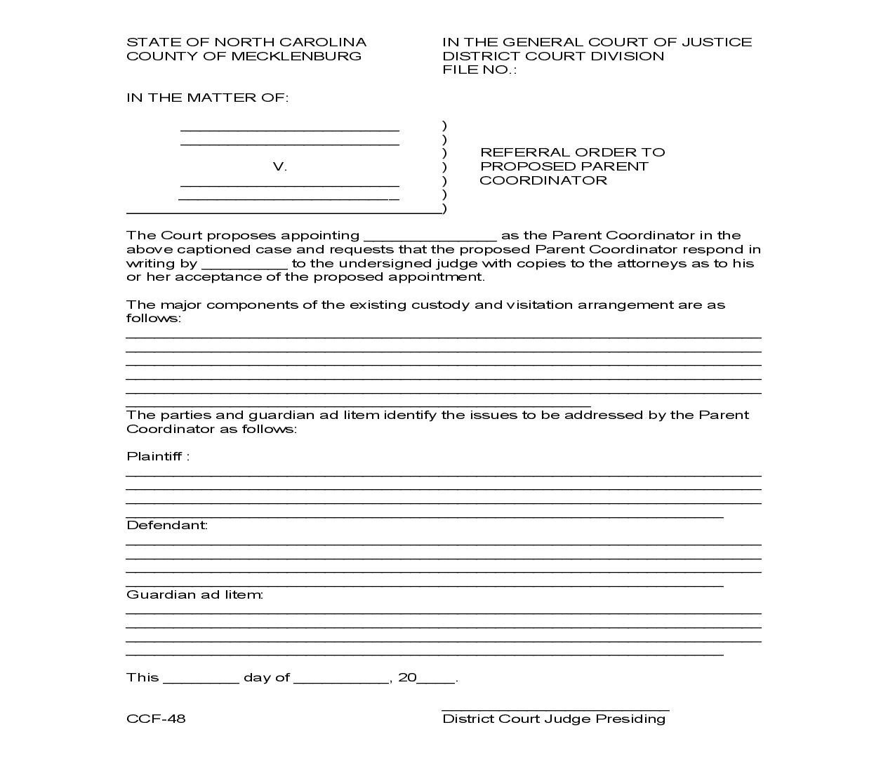 Referral Order To Proposed Parent Coordinator {CCF-48} | Pdf Fpdf Doc Docx | North Carolina