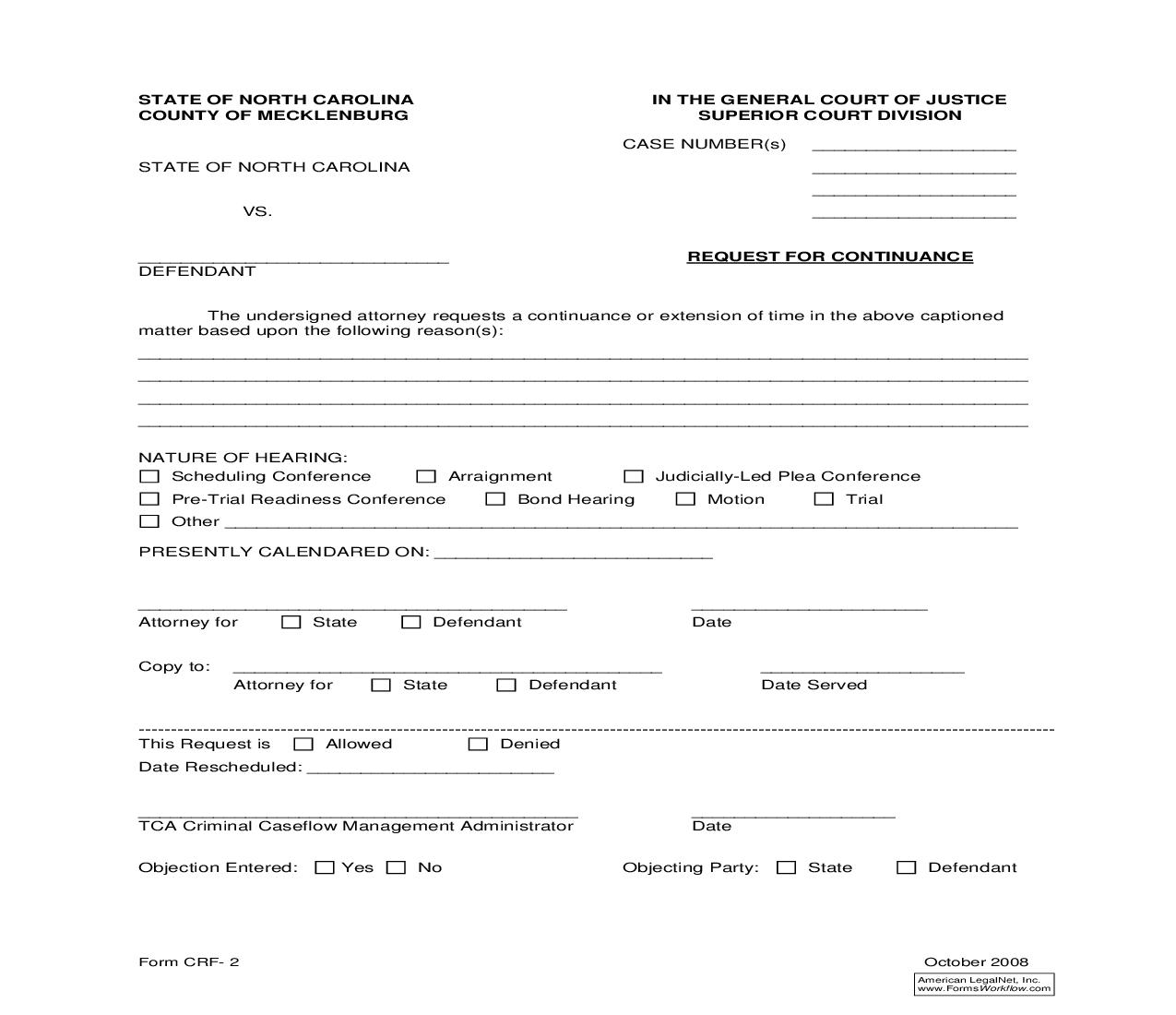 Request For Continuance {CRF-2} | Pdf Fpdf Doc Docx | North Carolina