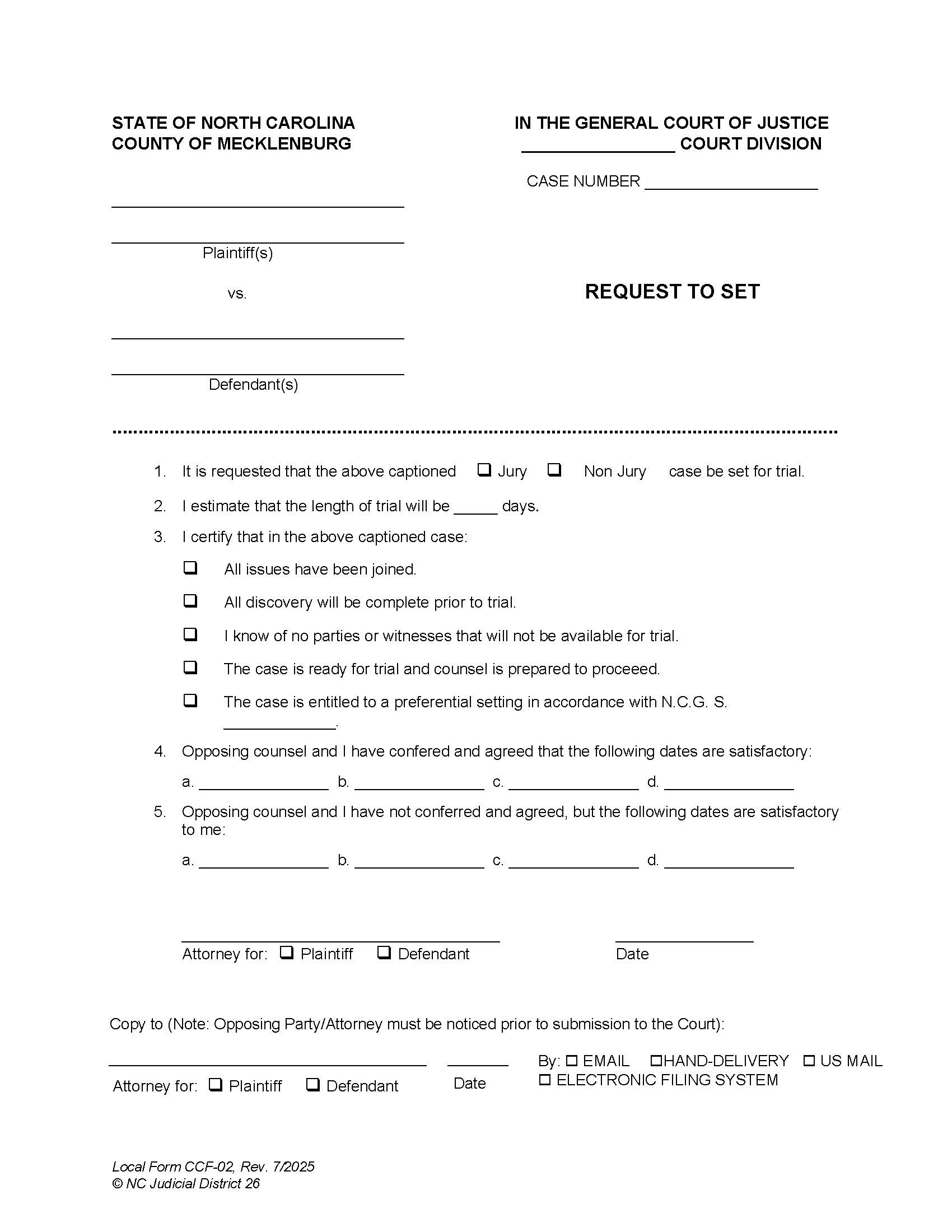 Request To Set {CCF-2} | Pdf Fpdf Doc Docx | North Carolina