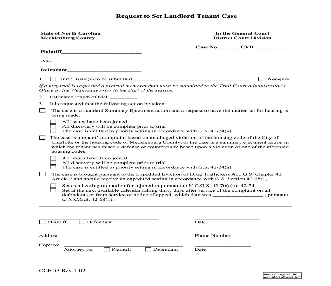 Request To Set Landlord Tenant Case {CCF-53} | Pdf Fpdf Doc Docx | North Carolina