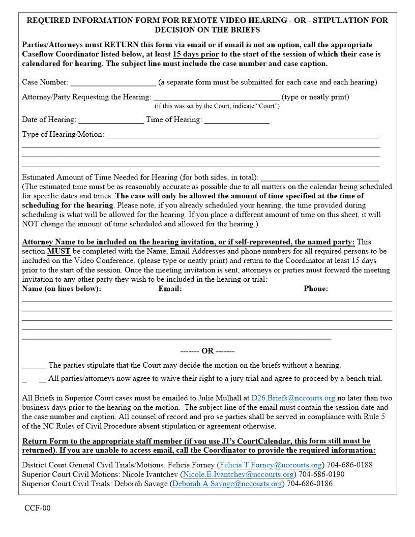 Required Information Form For Remote Video Hearing {CCF-00} | Pdf Fpdf Docx | North Carolina