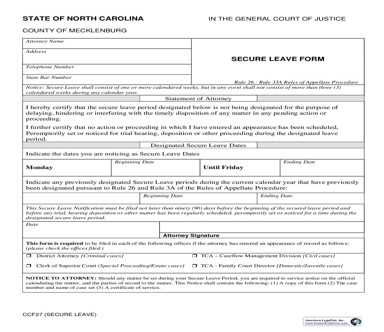Secure Leave {CCF-27} | Pdf Fpdf Doc Docx | North Carolina