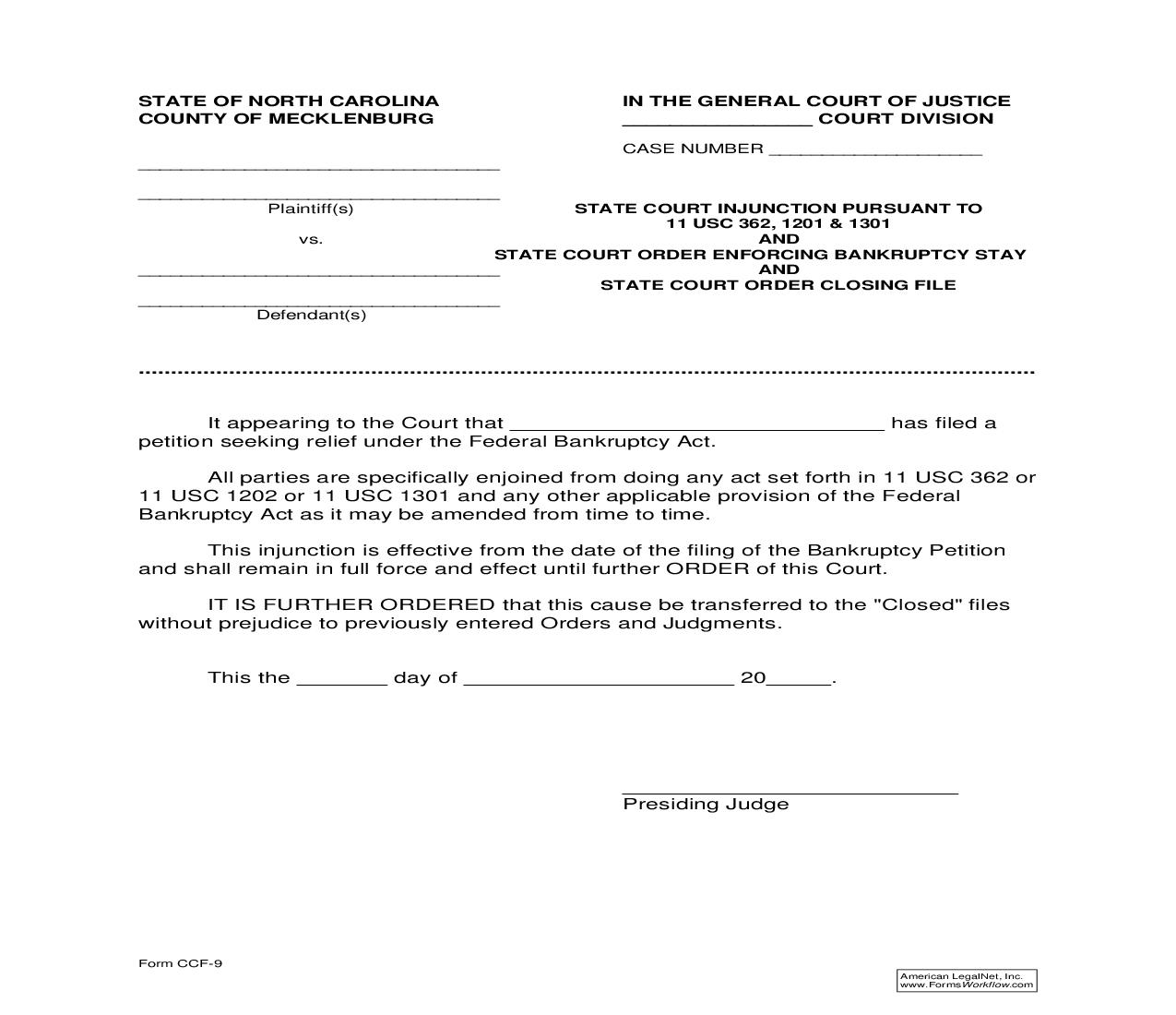 State Court Injuction And Order Enforcing Bankruptcy Stay {CCF-9} | Pdf Fpdf Doc Docx | North Carolina