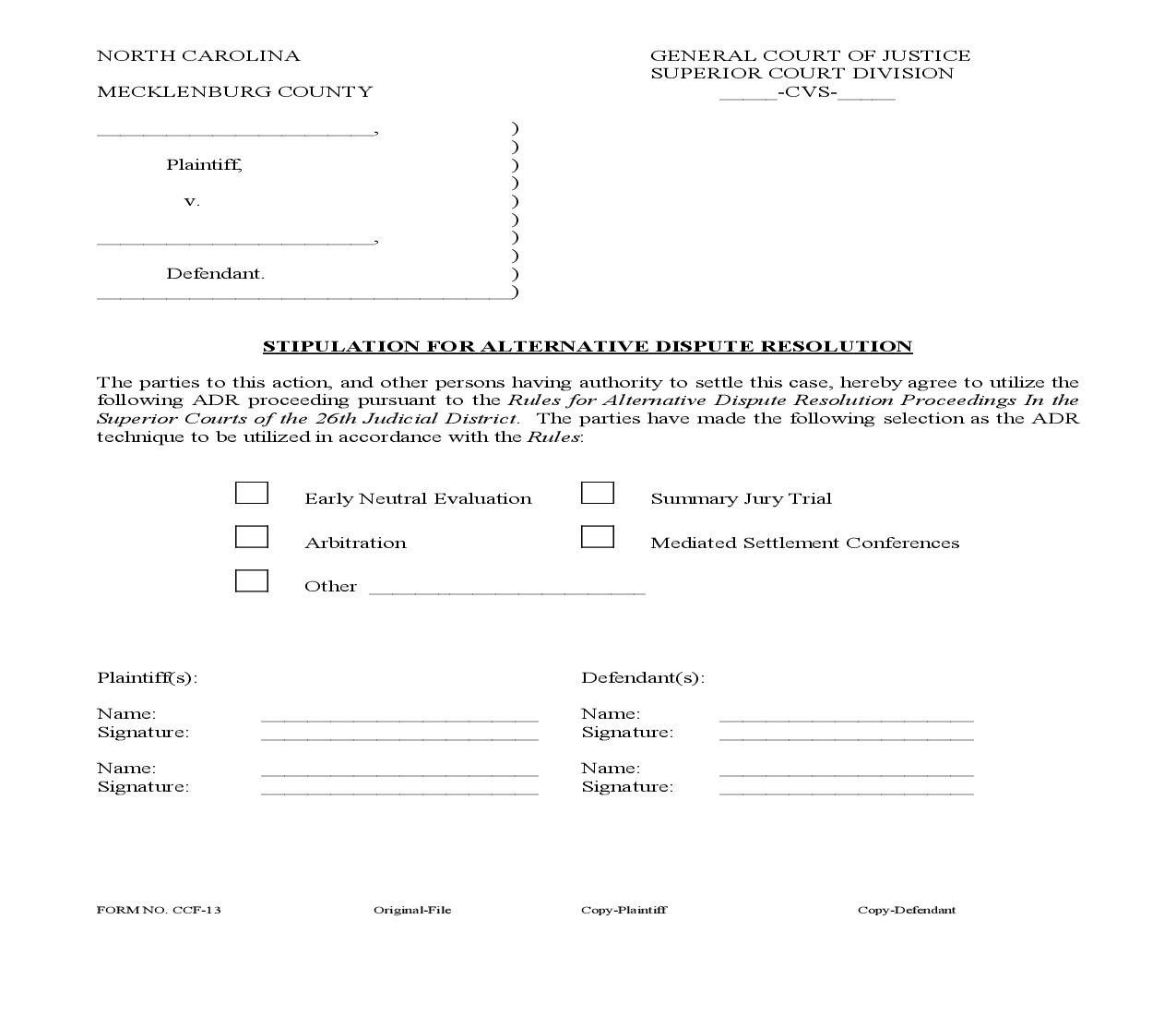 Stipulation For Alternative Dispute Resolution {CCF-13} | Pdf Fpdf Doc Docx | North Carolina