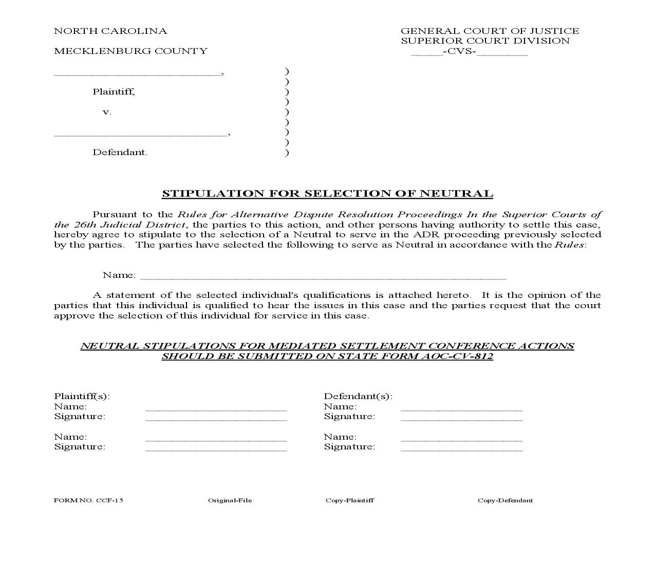 Stipulation For Selection Of Neutral {CCF-15} | Pdf Fpdf Doc Docx | North Carolina