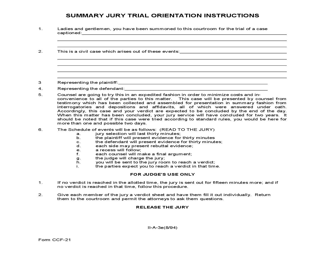 Summary Jury Trial Orientation Instructions {CCF-21} | Pdf Fpdf Doc Docx | North Carolina