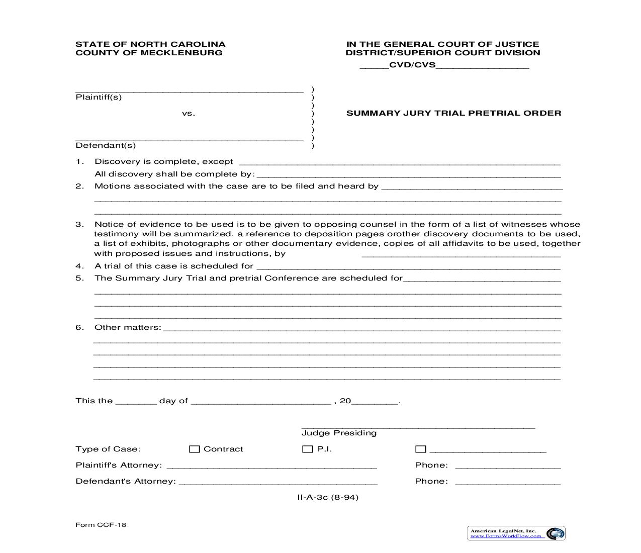 Summary Jury Trial Pretrial Order {CCF-18} | Pdf Fpdf Doc Docx | North Carolina
