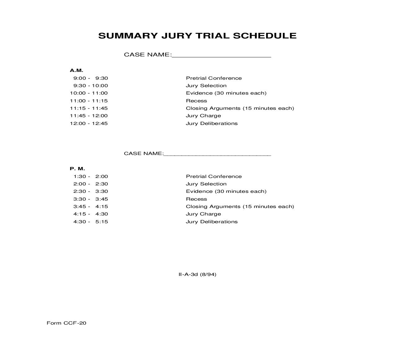 Summary Jury Trial Schedule {CCF-20} | Pdf Fpdf Doc Docx | North Carolina