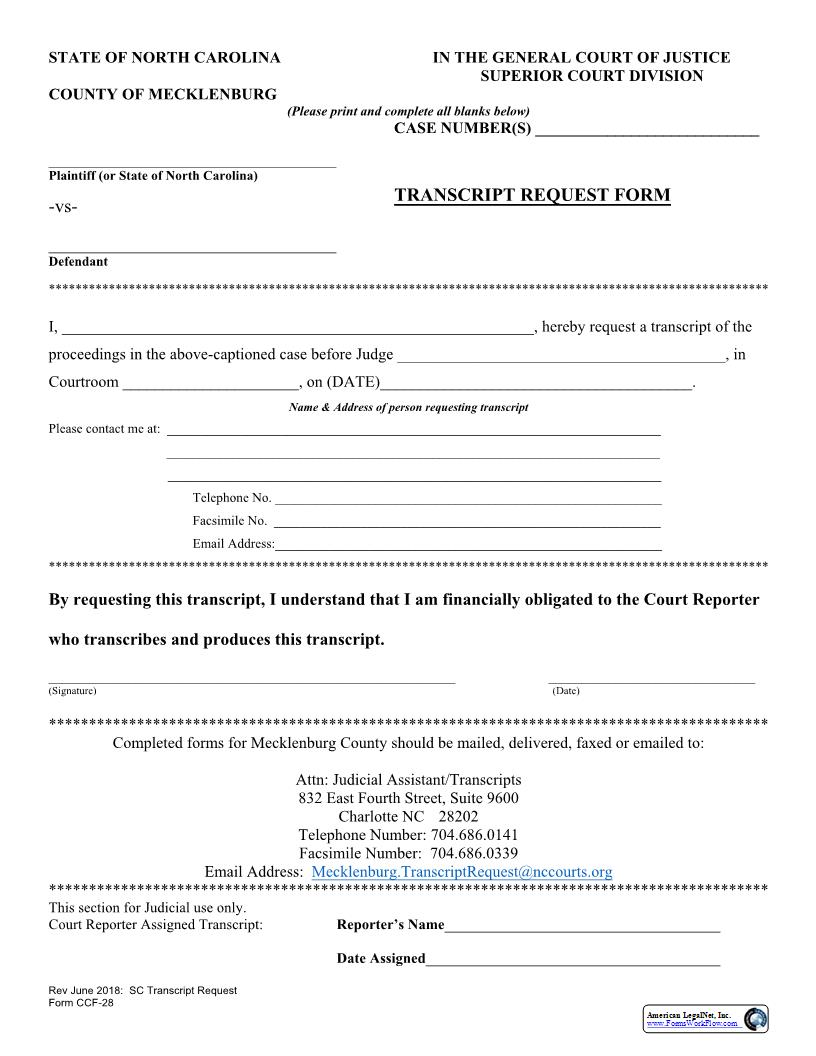 Transcript Request Form {CCF-28} | Pdf Fpdf Docx | North Carolina