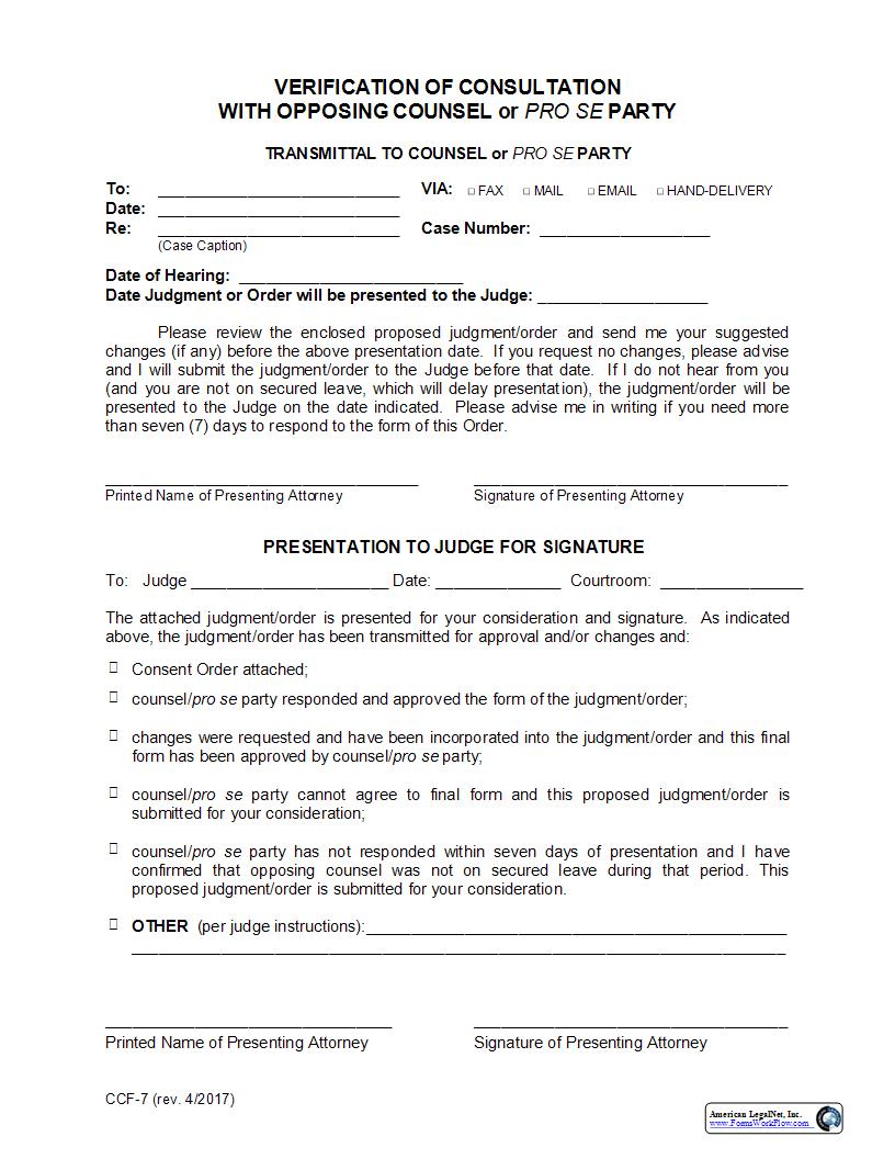 Verification Of Consultation With Opposing Counsel {CCF-7} | Pdf Fpdf Docx | North Carolina
