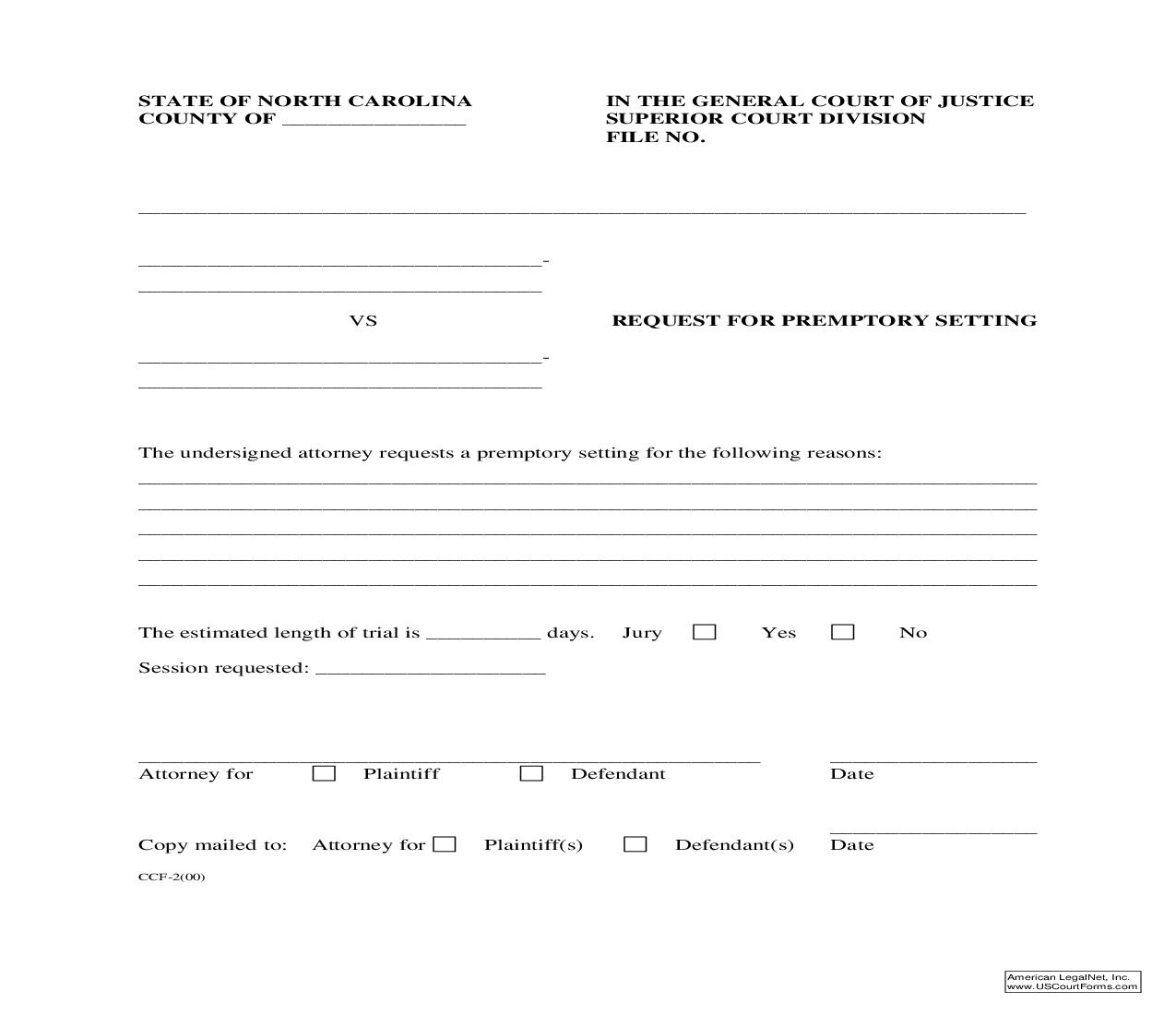 Request For Premptory Setting {CCF-2} | Pdf Fpdf Doc Docx | North Carolina