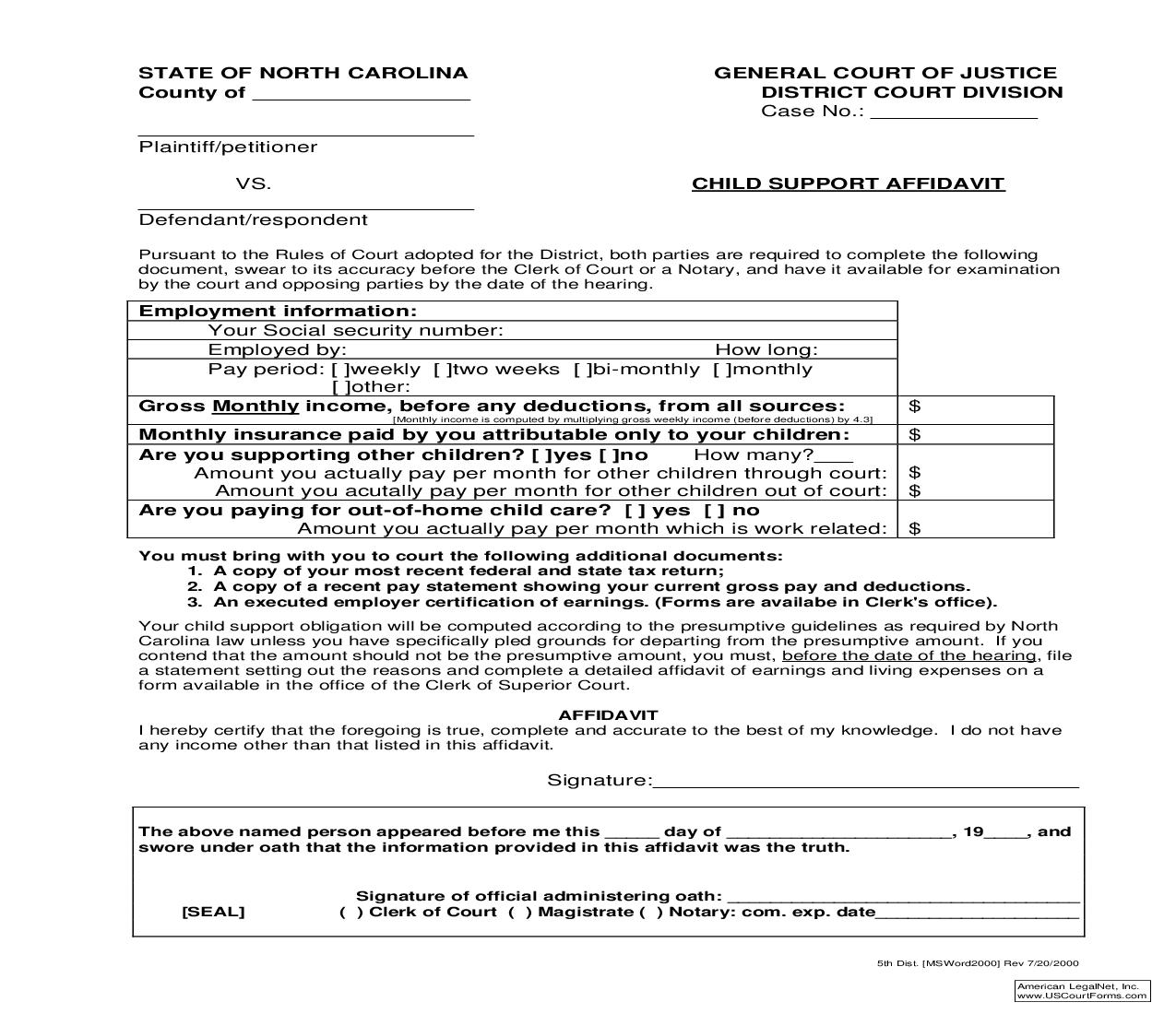 Child Support Affidavit  {1} | Pdf Fpdf Doc Docx | North Carolina