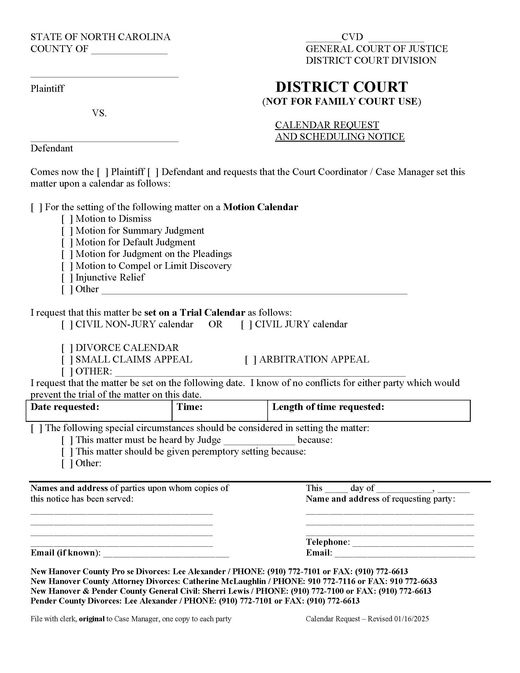District Court Calendar Request And Scheduling Notice | Pdf Fpdf Doc Docx | North Carolina