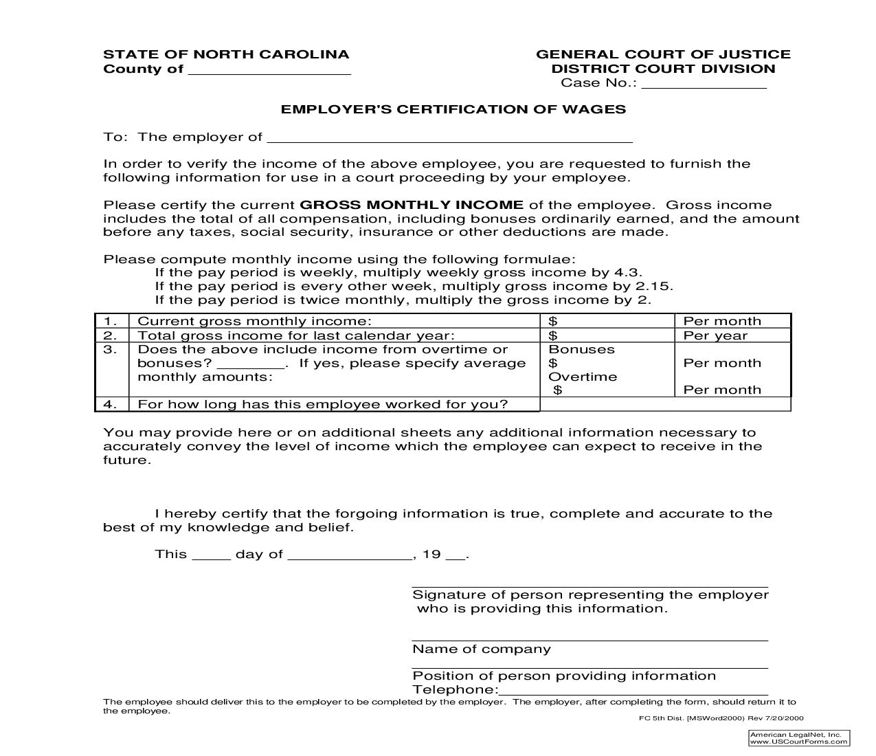 Employers Certification Of Wages {2} | Pdf Fpdf Doc Docx | North Carolina