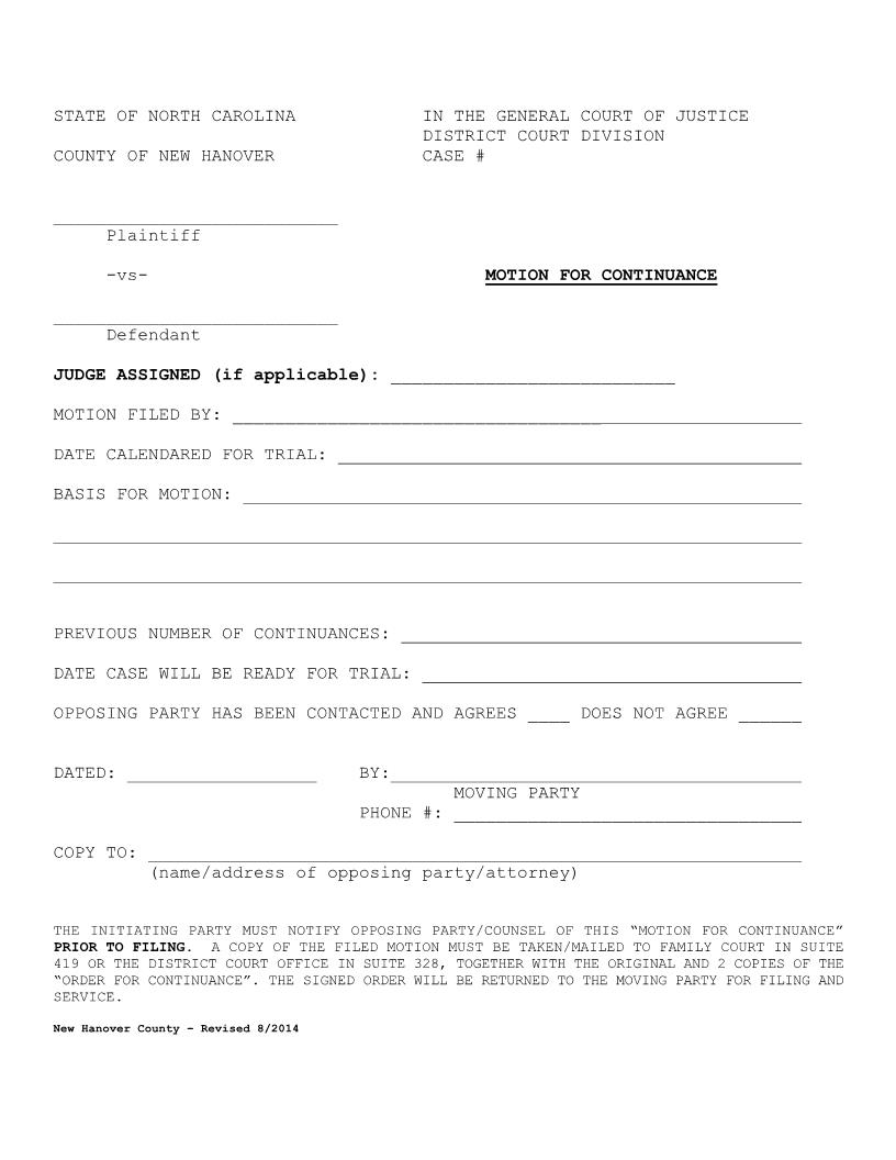 Motion And Order For Continuance  | Pdf Fpdf Doc Docx | North Carolina