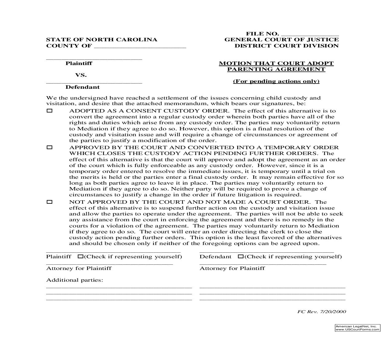 Motion That Court Adopt Parenting Agreement (For Pending Actions Only) {4} | Pdf Fpdf Doc Docx | North Carolina