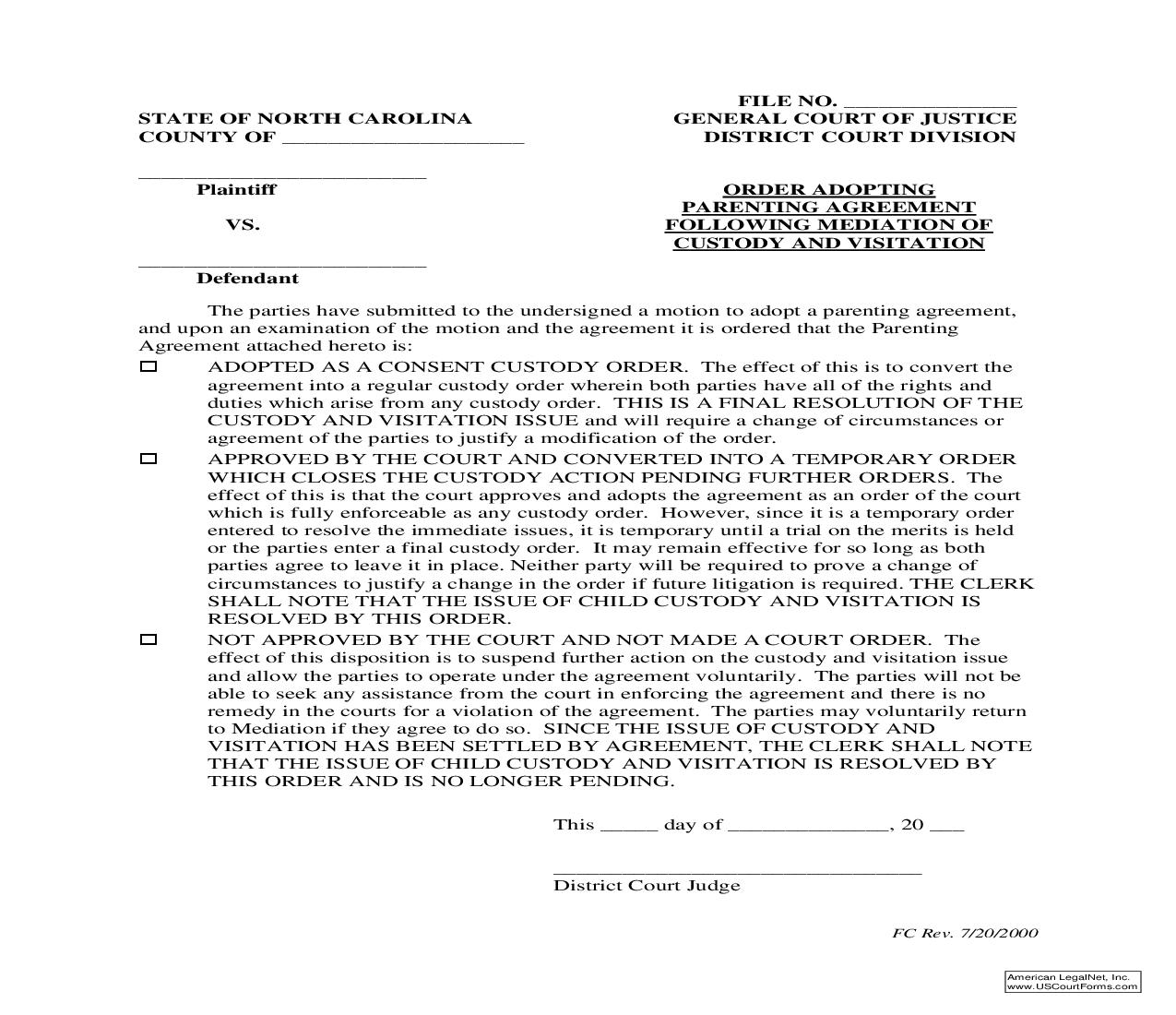 Order Adopting Parenting Agreement Following Mediation Of Custody And Visitation {12} | Pdf Fpdf Doc Docx | North Carolina