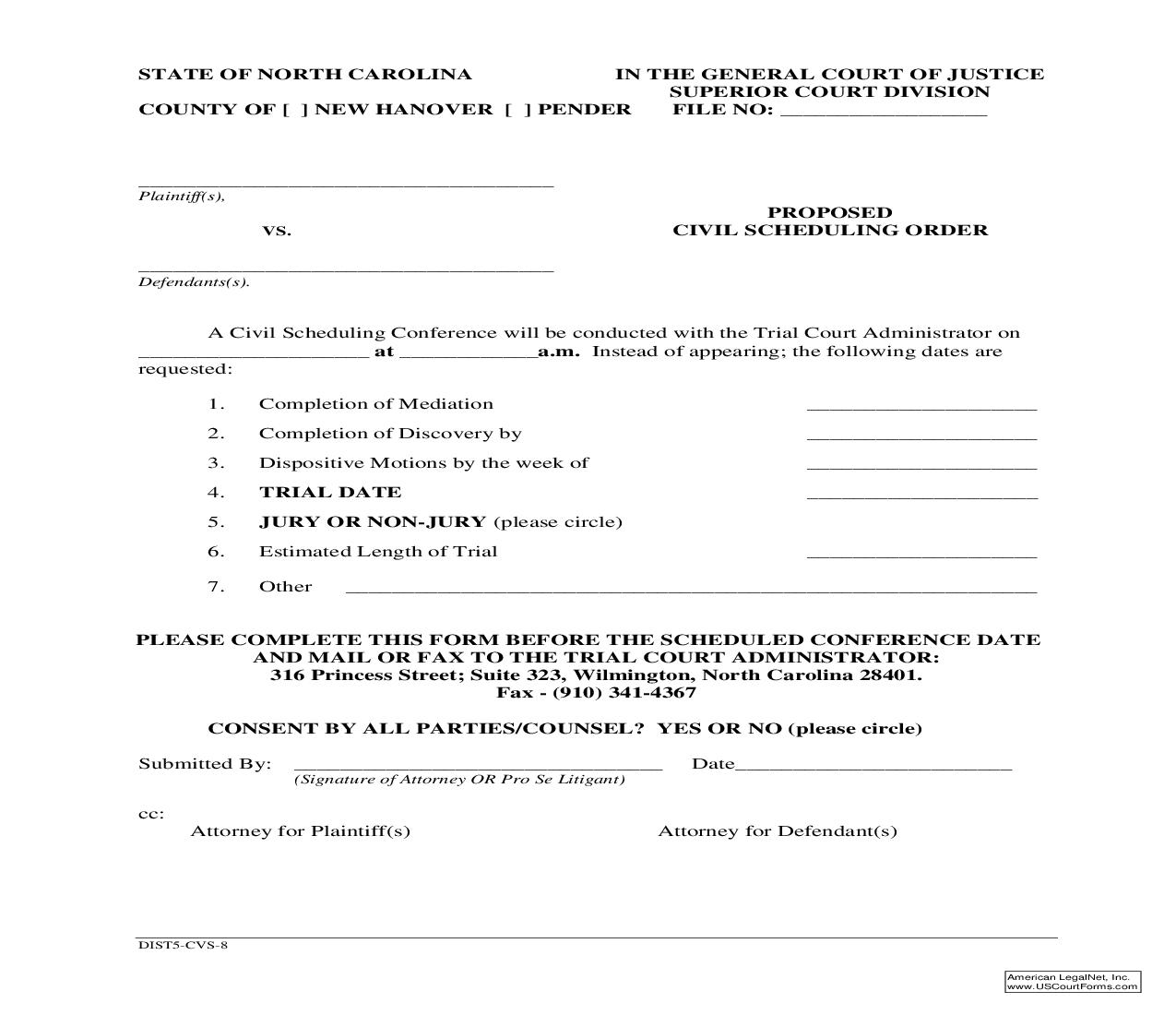 Proposed Civil Scheduling Order {CVS-8} | Pdf Fpdf Doc Docx | North Carolina