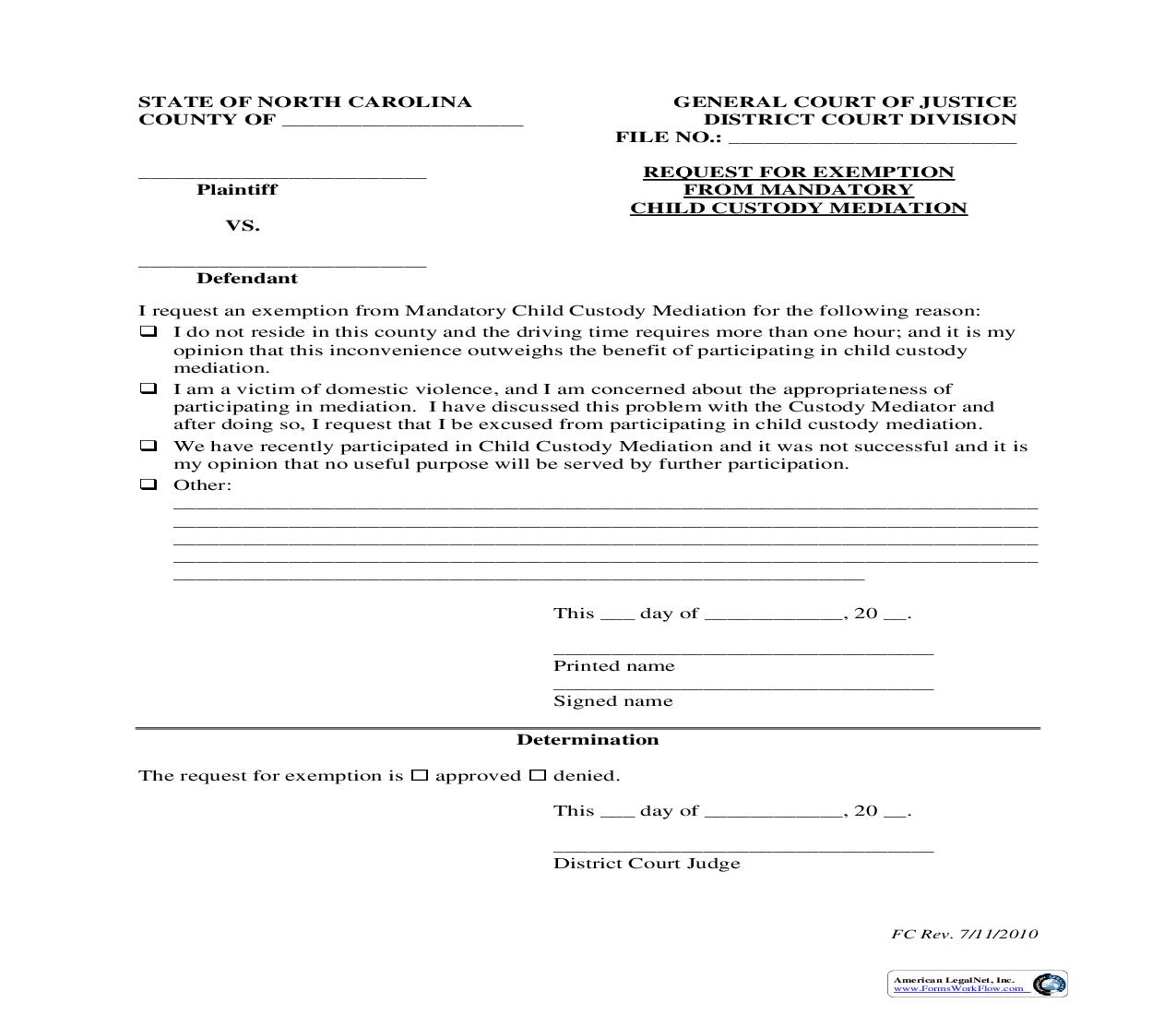 Request for Exemption From Mandatory Child Custody Mediation | Pdf Fpdf Doc Docx | North Carolina