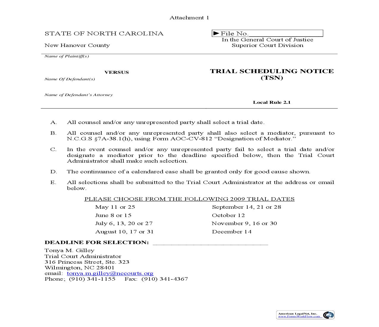 Trial Scheduling Notice | Pdf Fpdf Doc Docx | North Carolina