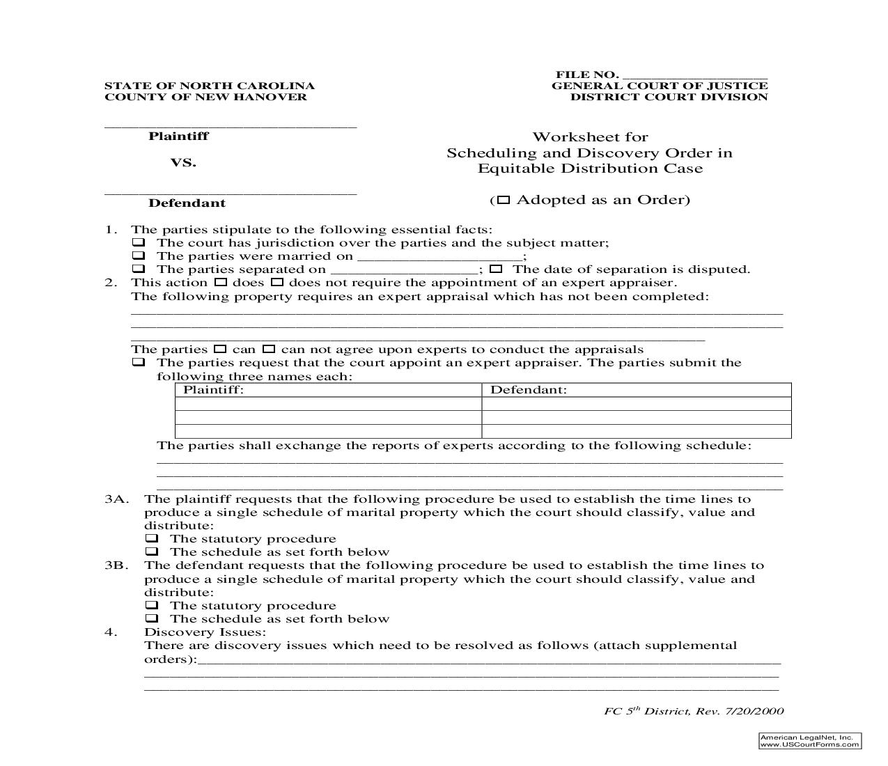 Worksheet For Scheduling And Discovery Order In Equitable Distribution Case {5} | Pdf Fpdf Doc Docx | North Carolina
