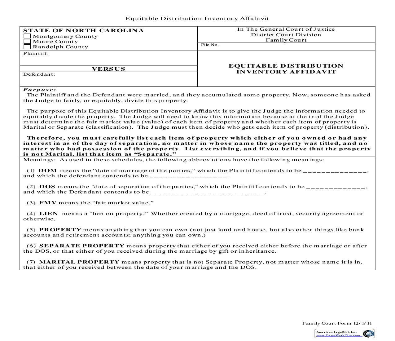 Equitable Distribution Inventory Affidavit | Pdf Fpdf Doc Docx | North Carolina
