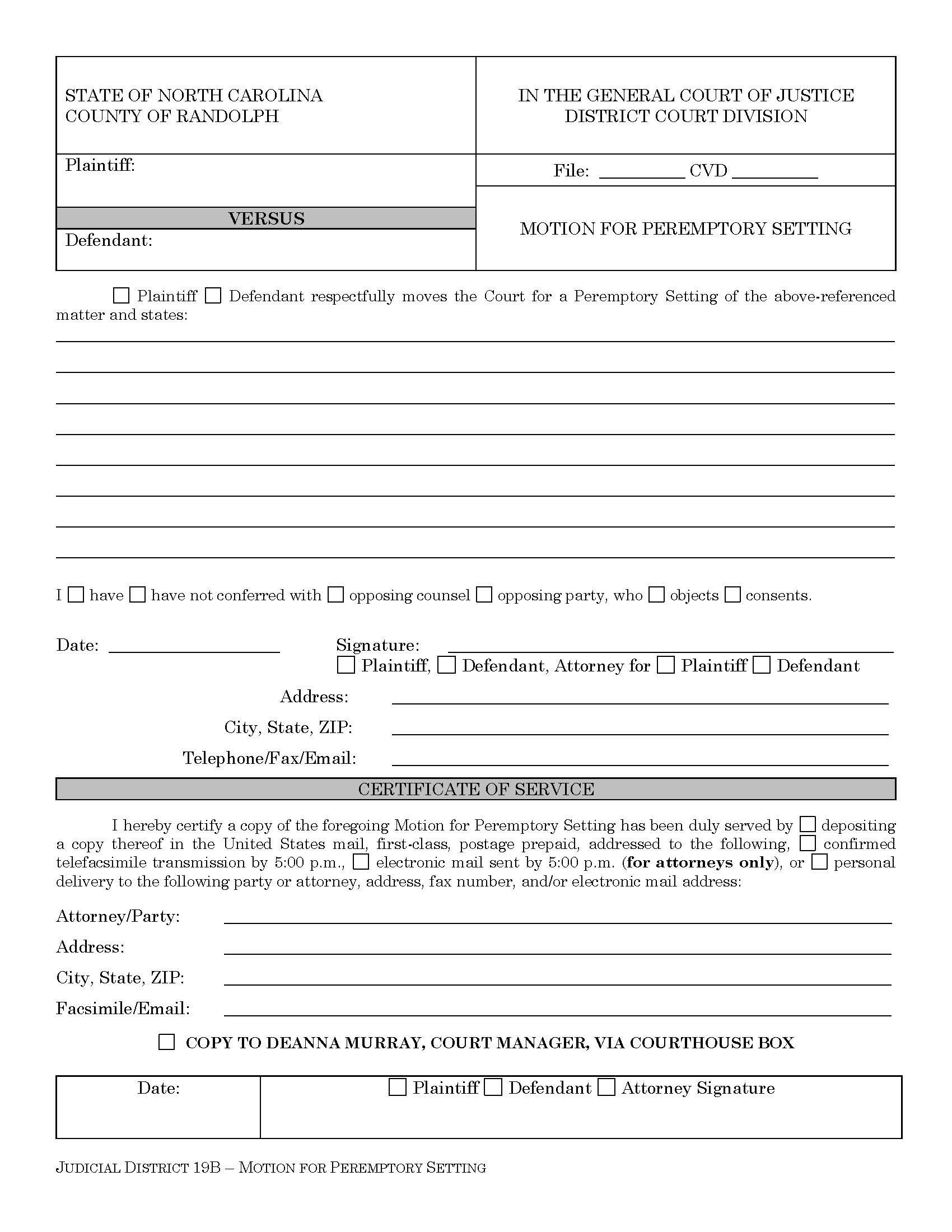 Motion For Peremptory Setting | Pdf Fpdf Doc Docx | North Carolina