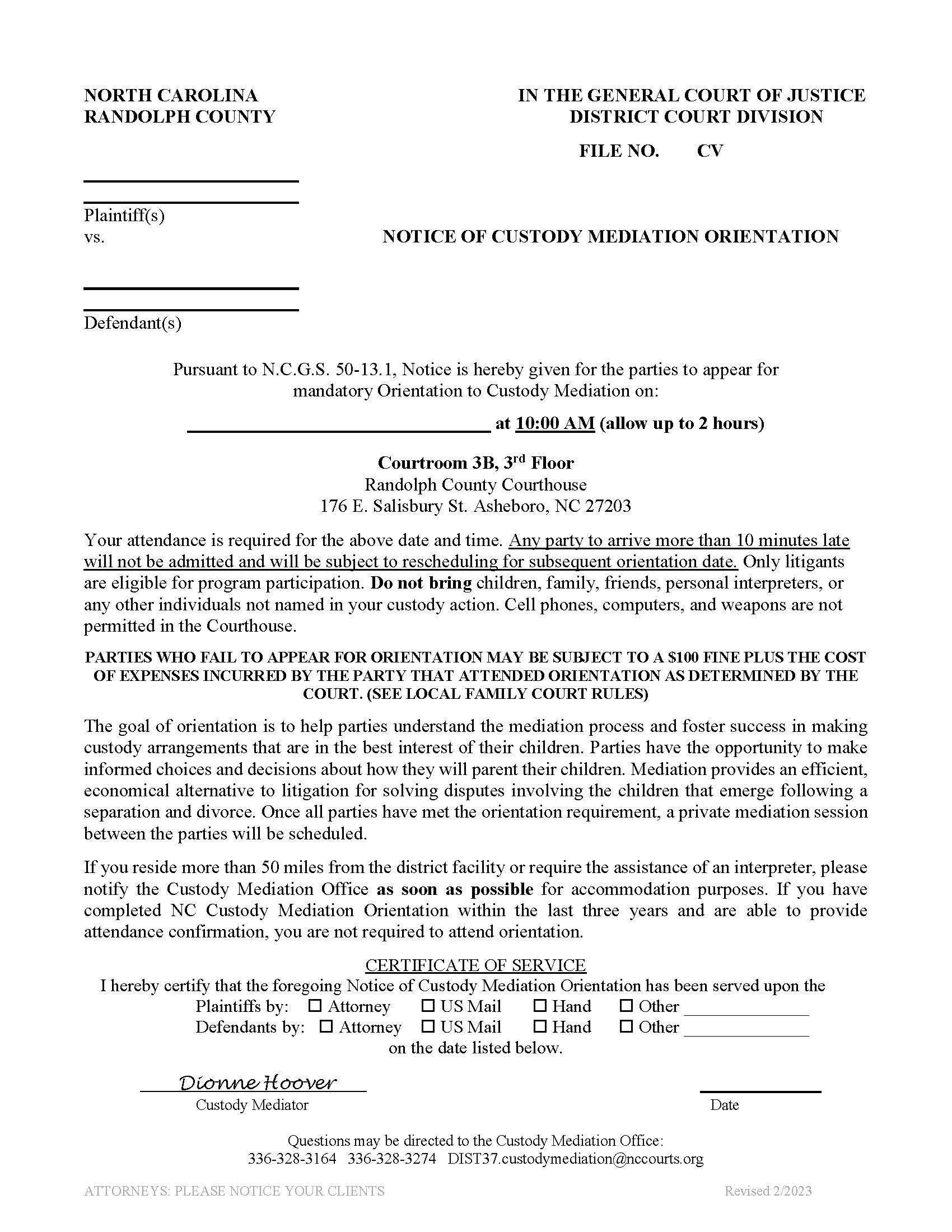 Notice Of Custody Mediation Orientation | Pdf Fpdf Doc Docx | North Carolina