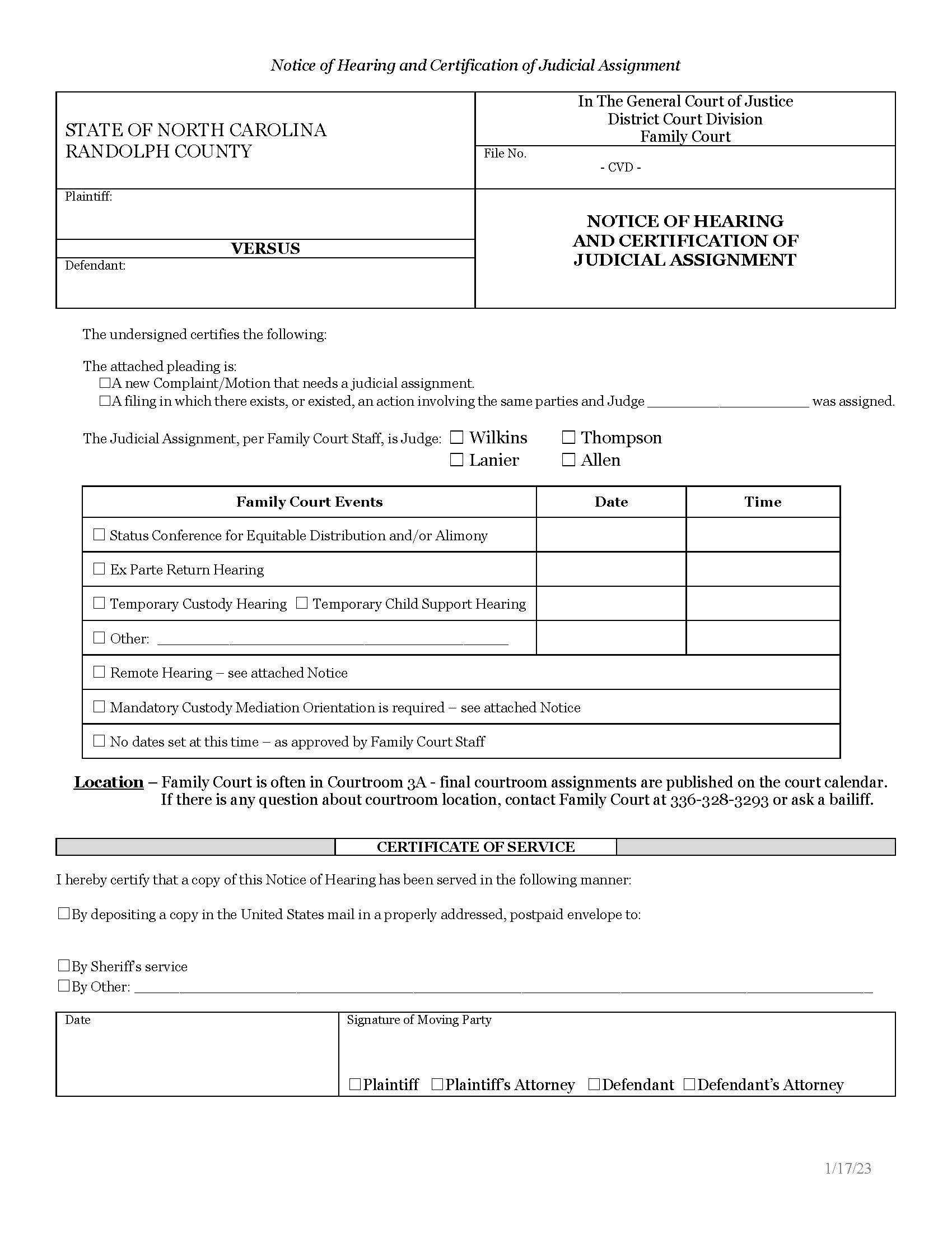 Notice Of Hearing And Certification Of Judicial Assignment | Pdf Fpdf Doc Docx | North Carolina