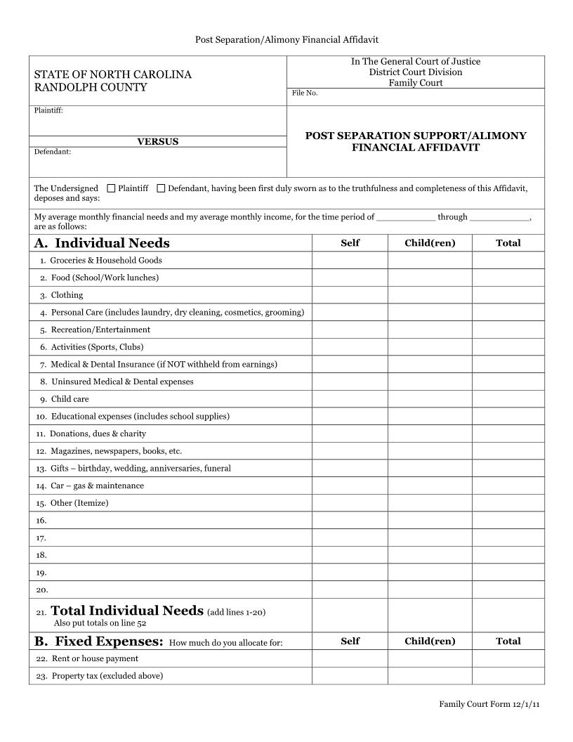 Post Separation Support Alimony Financial Affidavit | Pdf Fpdf Doc Docx | North Carolina