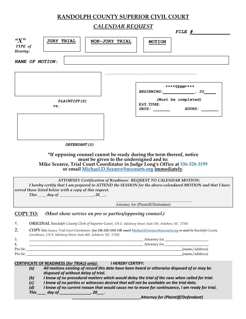 Superior Civil Court Calendar Request | Pdf Fpdf Docx | North Carolina