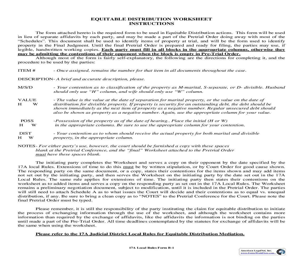 Equitable Distribution Worksheet Instructions | Pdf Fpdf Doc Docx | North Carolina