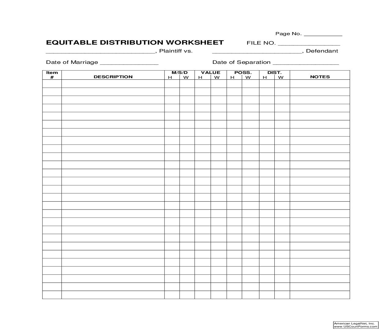 Equitable Distribution Worksheet | Pdf Fpdf Doc Docx | North Carolina