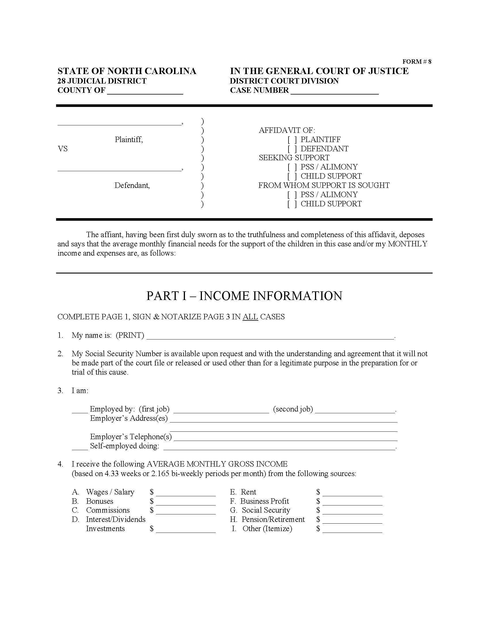 Affidavit {8} | Pdf Fpdf Doc Docx | North Carolina