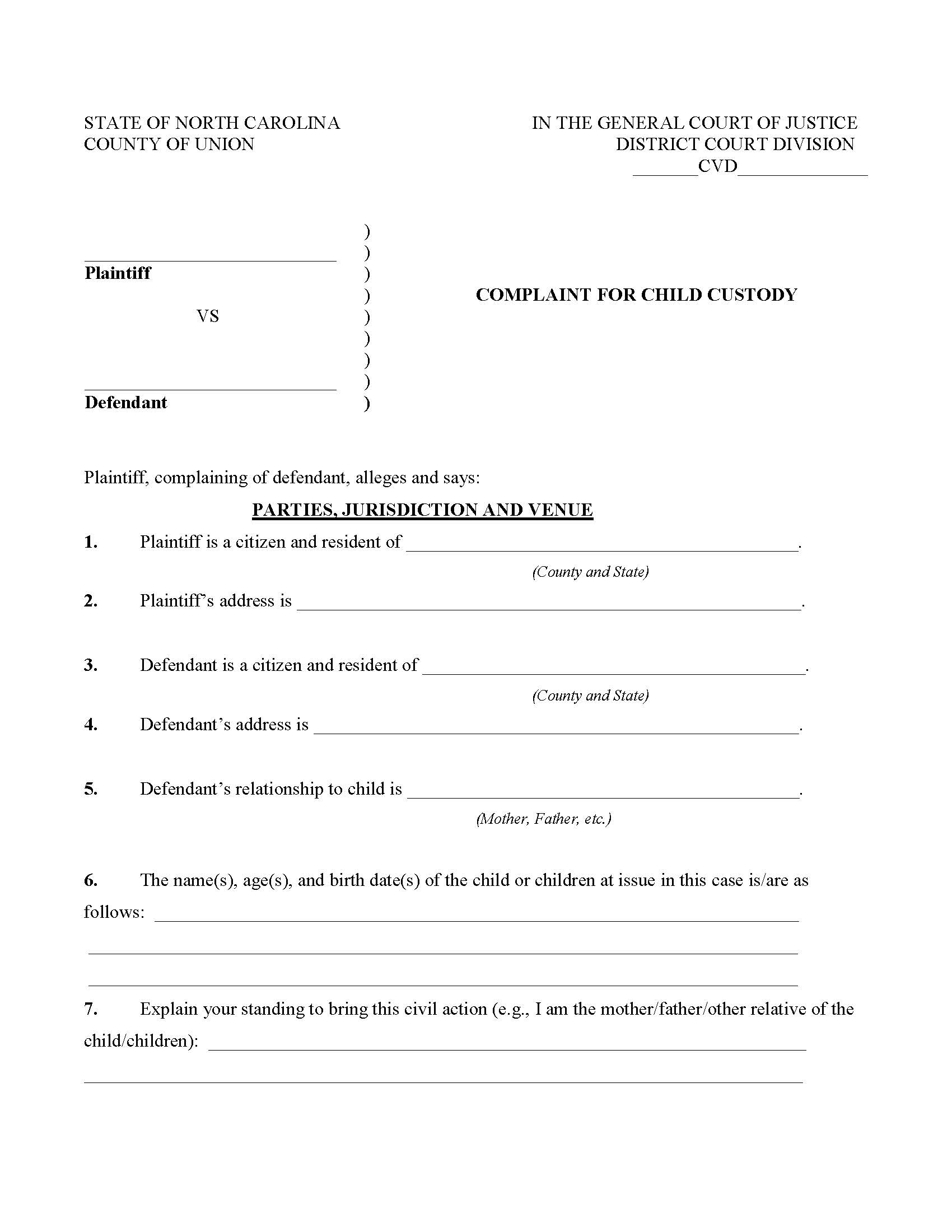 Complaint For Child Custody | Pdf Fpdf Doc Docx | North Carolina