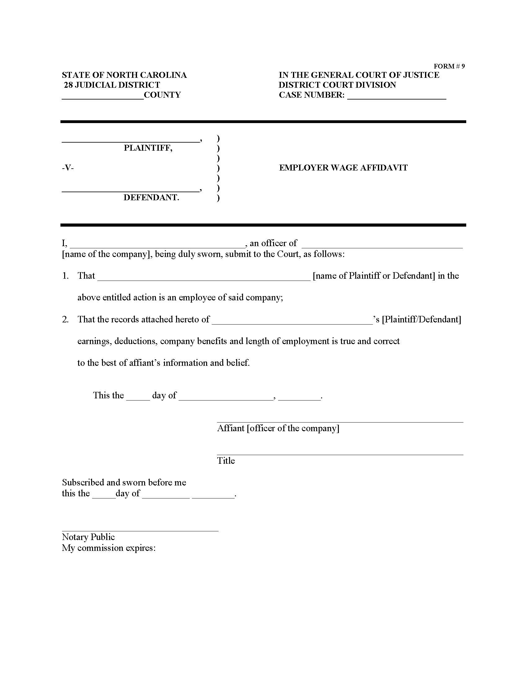 Employer Wage Affidavit {9} | Pdf Fpdf Doc Docx | North Carolina
